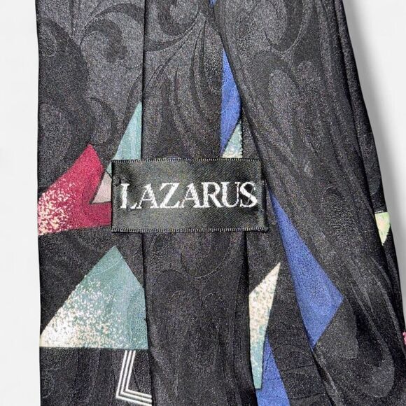 Vintage 80s Lazarus Black and Blue Geometric Tie - Picture 6 of 7